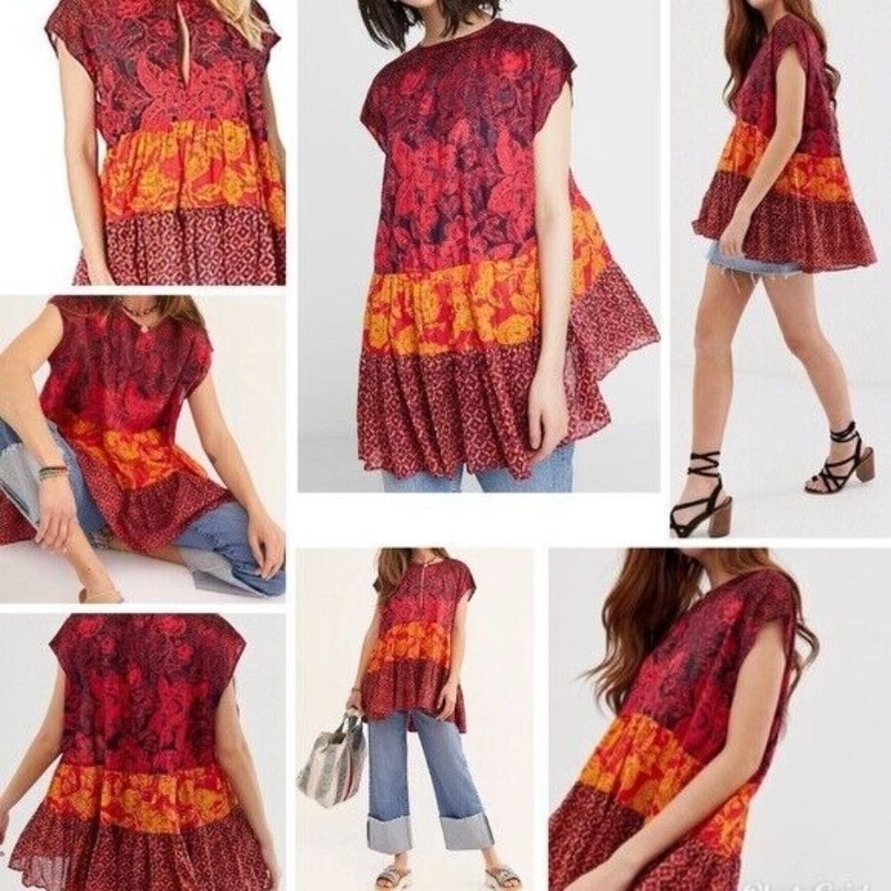 FREE PEOPLE Gotta Have You Mixed Print Cotton Tunic Top Boho Size Small - Picture 1 of 9